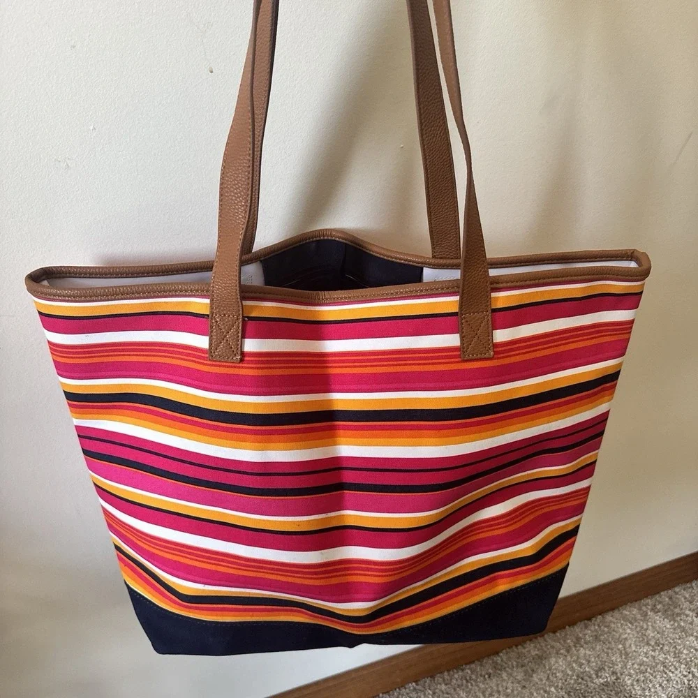 Thirty-One Pinstripe Punch Print Beach Bag Tote ~ Med/Lrg ~ Preowned, But Unused